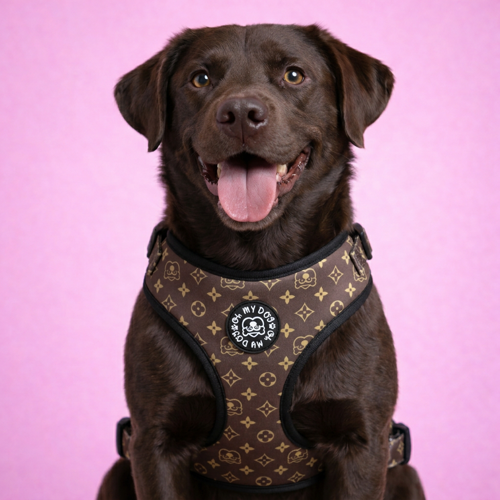 Monogram Inspired Adjustable Dog Harness - Brown