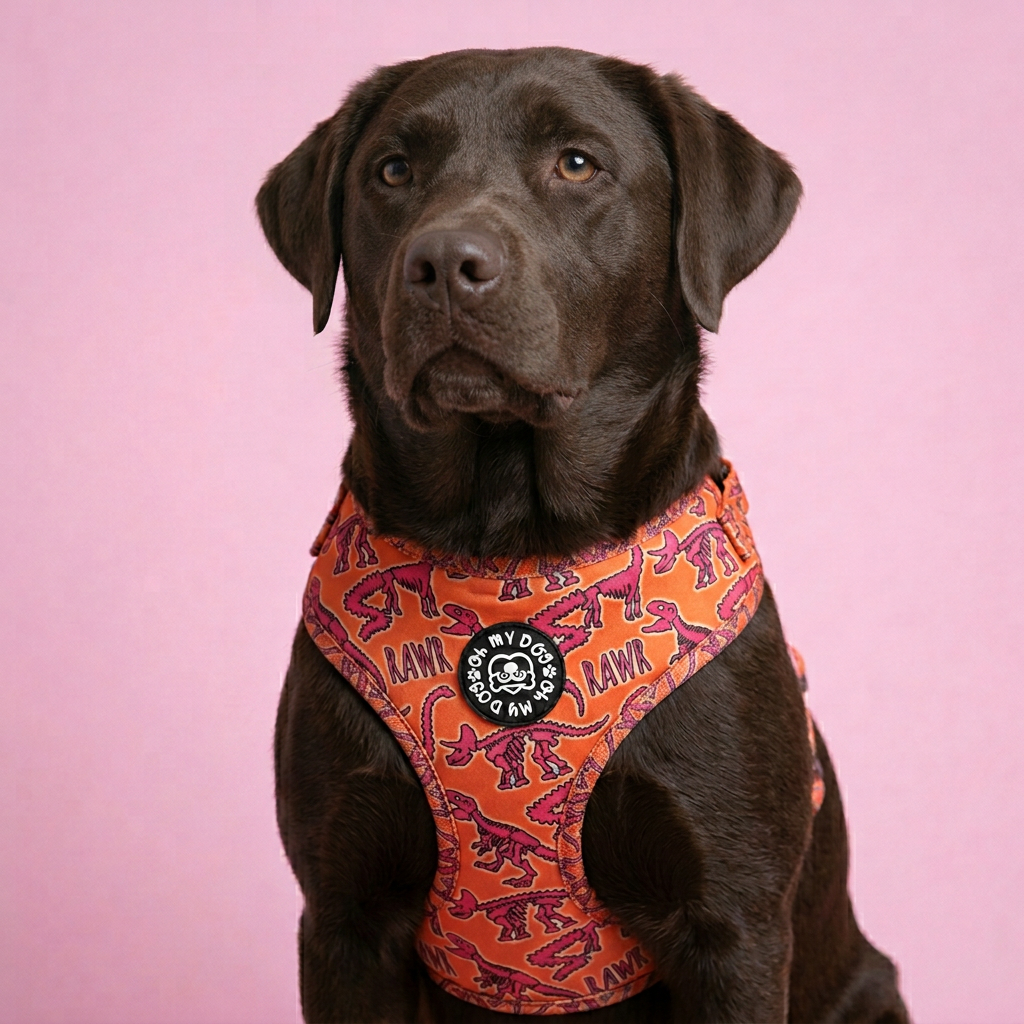 Orange Rawr Dinosaur Adjustable Dog Harness